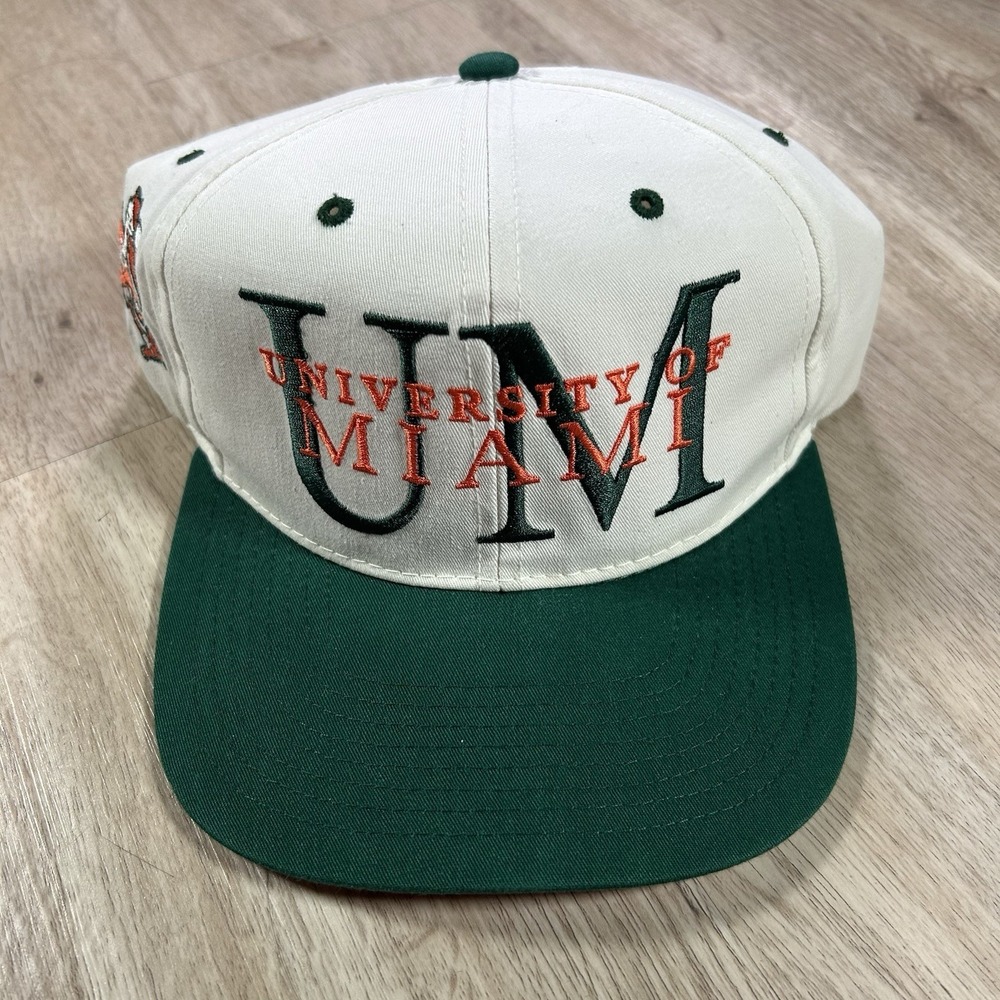 VTG Miami Hurricanes Snapback Hat College Big Logo White Green Cap